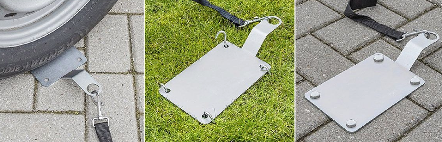Support laisse chien van – plaque acier galvanisé sous roue véhicule avec œillet d'attache
