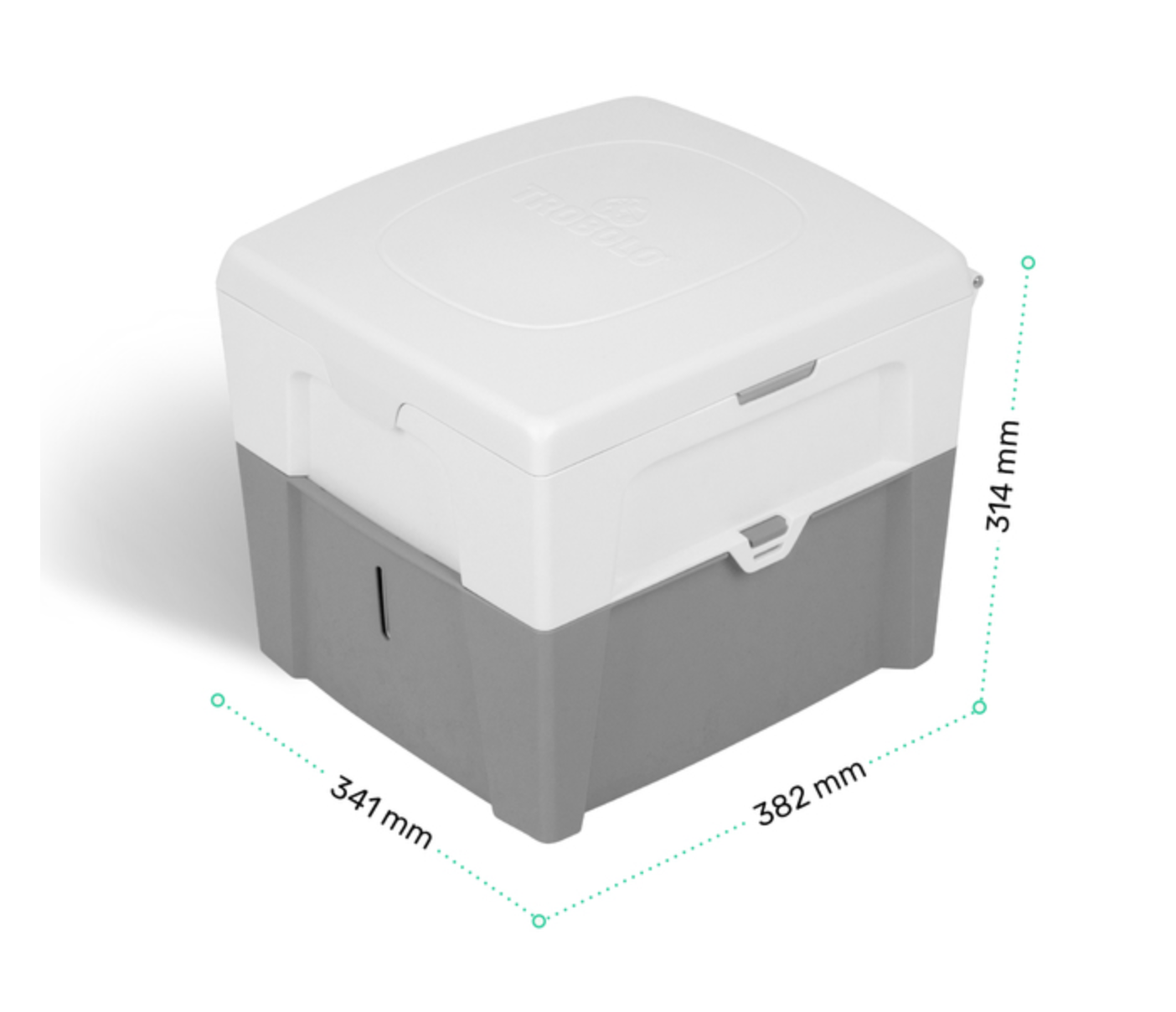 Toilette sèche TROBOLO Wanda – vue de côté, dimensions H313 × P382 × L341 mm