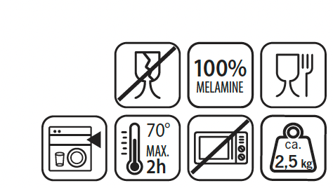 Pictogrammes du service de table en mélamine : lave-vaisselle, sans micro-ondes, limite de 70 °C pendant 2 heures et poids d’environ 2,5 kg