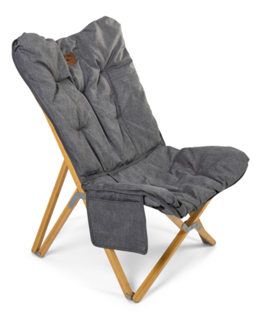 Fauteuil pliant lounge bambou – tissu gris chiné rembourré, vue de face