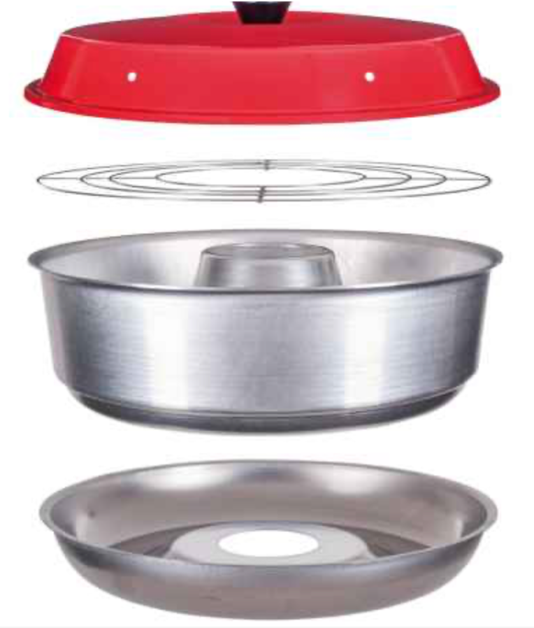 Grille de cuisson four Omnia montrée entre le couvercle rouge et le moule dans une vue éclatée du four