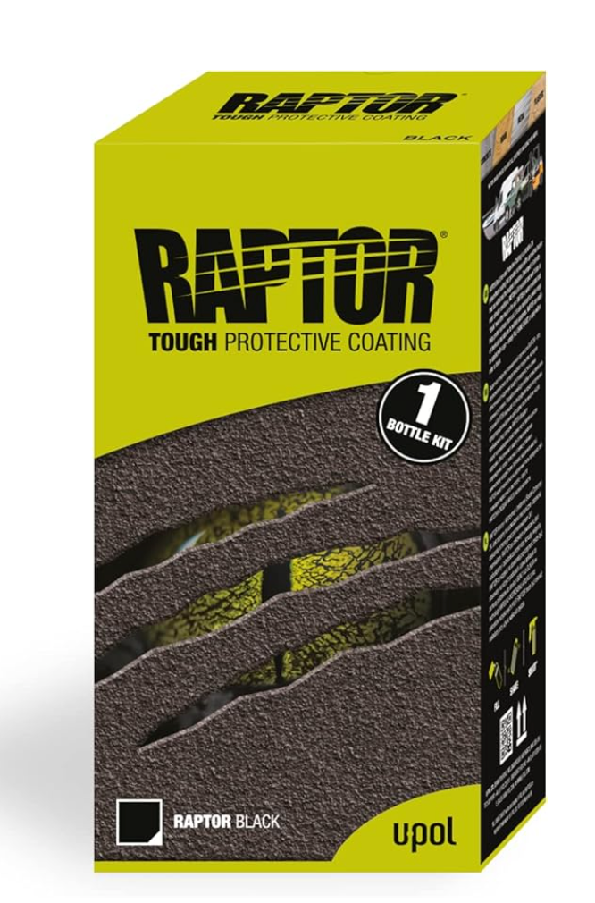 Revêtement RAPTOR teintable 1 bouteille – packaging noir, kit polyuréthane haute résistance
