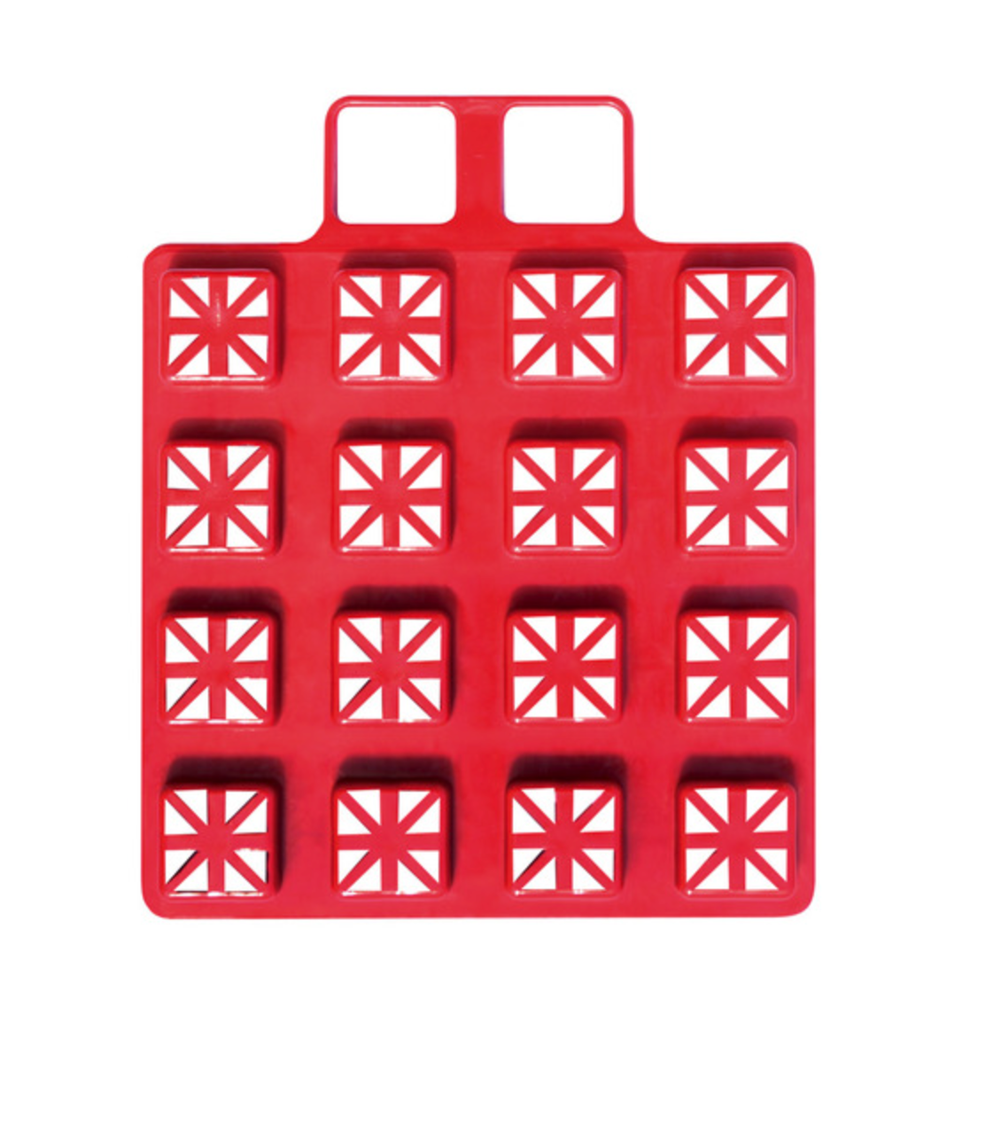 Cales de compensation modulaires rouges, détail d’un module avec poignée intégrée et structure ajourée renforcée
