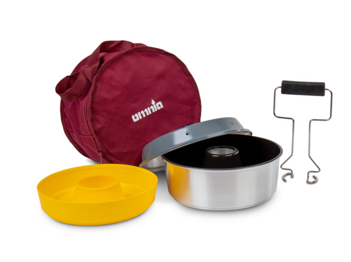 Kit Omnia Maxi 3L avec moule ouvert, couvercle gris, moule silicone jaune, poignée et sac bordeaux
