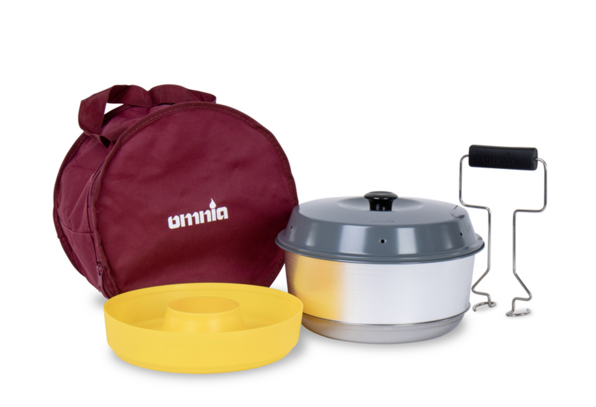 Kit Omnia Maxi 3L assemblé avec couvercle gris, accompagné du moule silicone jaune, de la poignée et du sac