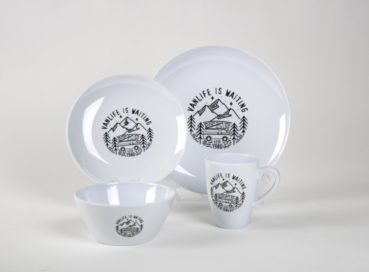 Service de table en mélamine VANLIFE blanc à motifs noirs, avec assiettes, bol et tasse à anse