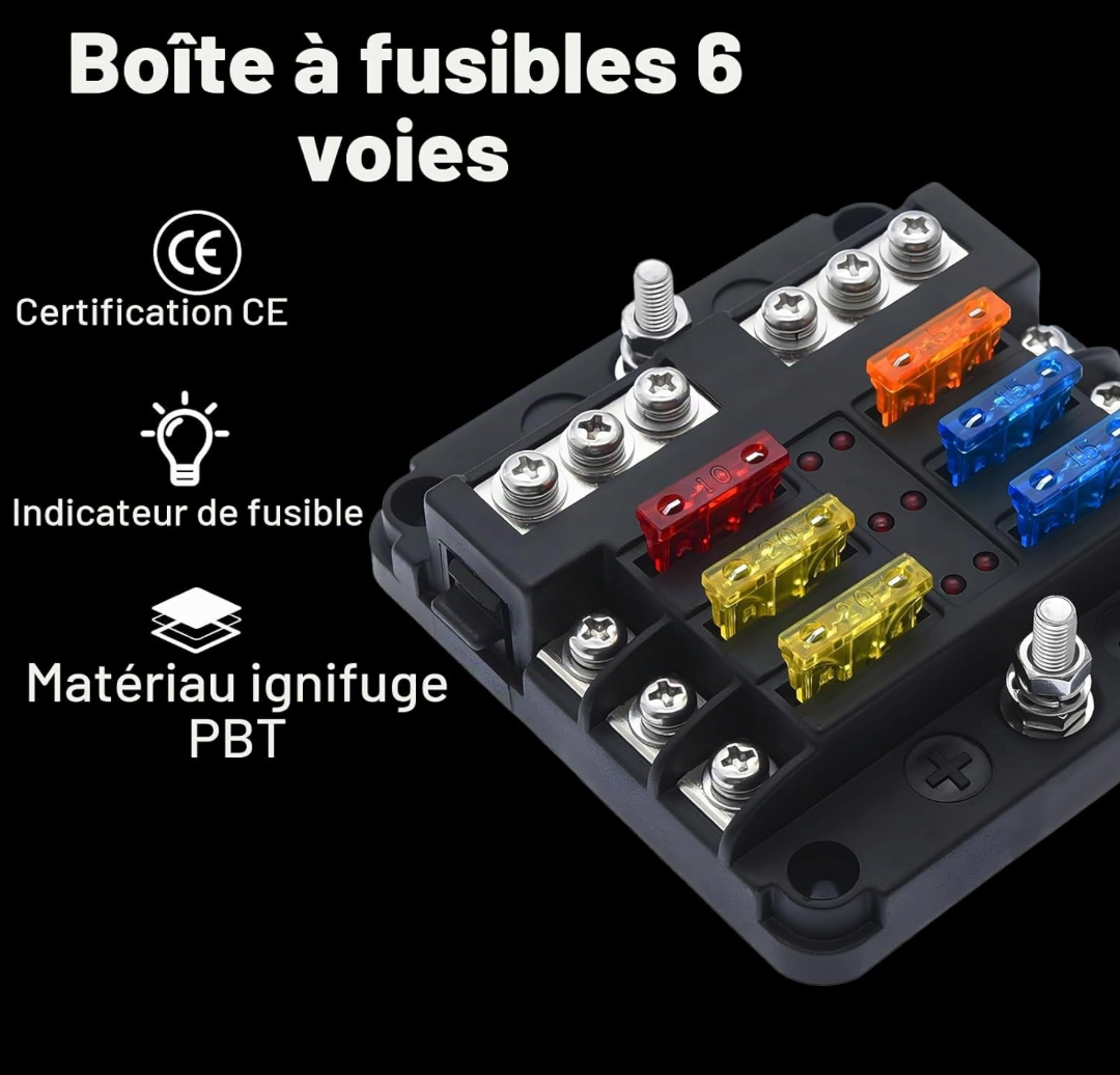 Boîte à fusibles 6 circuits 12V / 24V avec bus négatif et indicateur LED