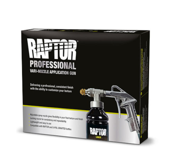 Pistolet application RAPTOR buse ajustable – vue de face, compatible bouteilles RAPTOR filetage direct