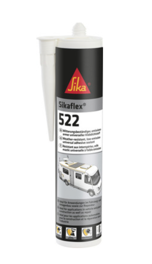 Mastic-colle Sikaflex®-522 Sika en cartouche avec buse d’application présentée sur le côté