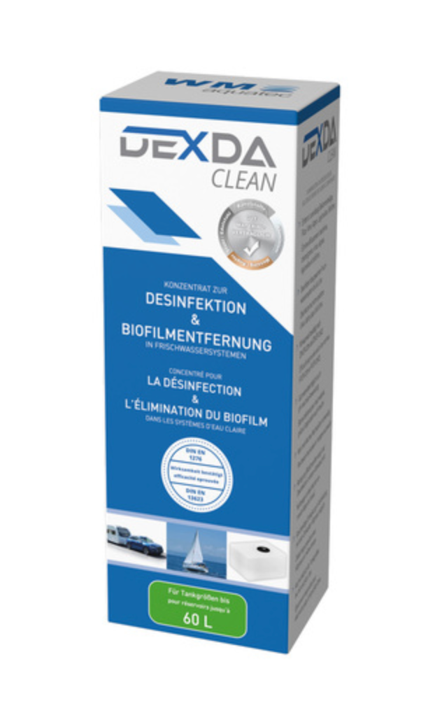DEXDA Clean WM Aquatec présenté dans son emballage pour réservoir jusqu’à 60 L