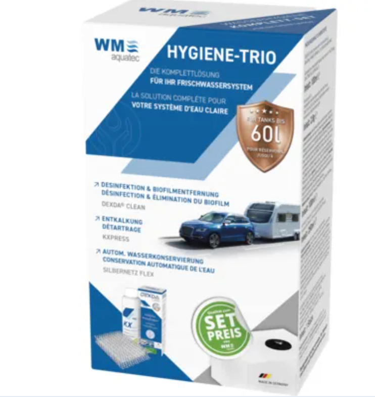 Kit HYGIENE-TRIO WM Aquatec pour réservoir jusqu’à 60 L, présenté dans son emballage