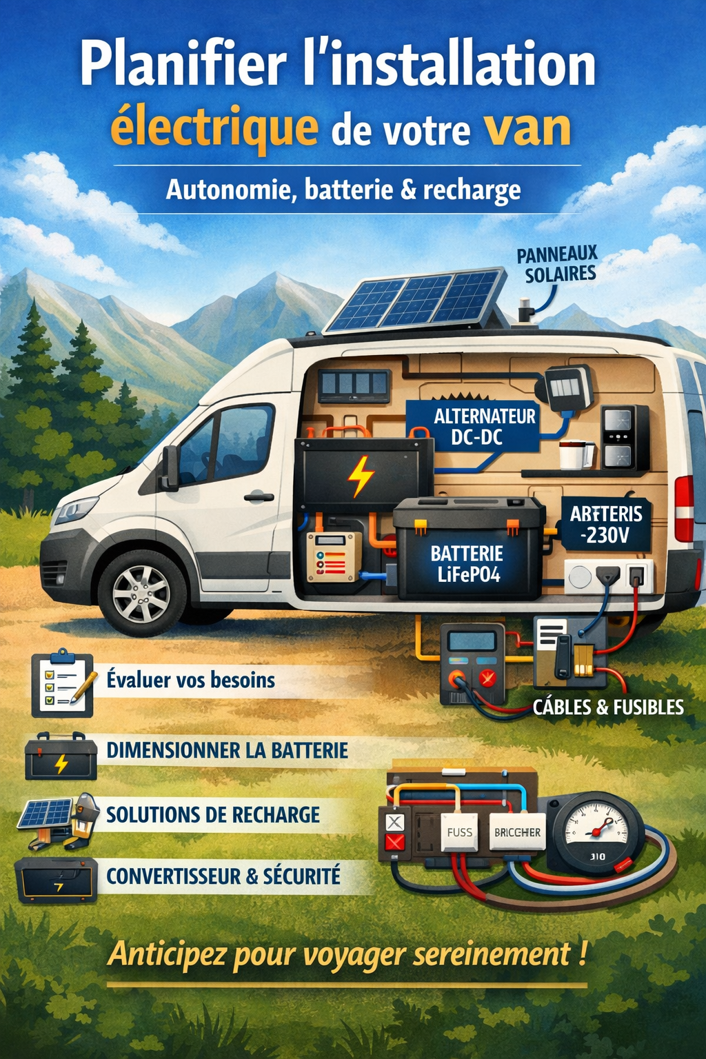 installation électrique van aménagé : schéma batterie, panneau solaire et convertisseur 230V