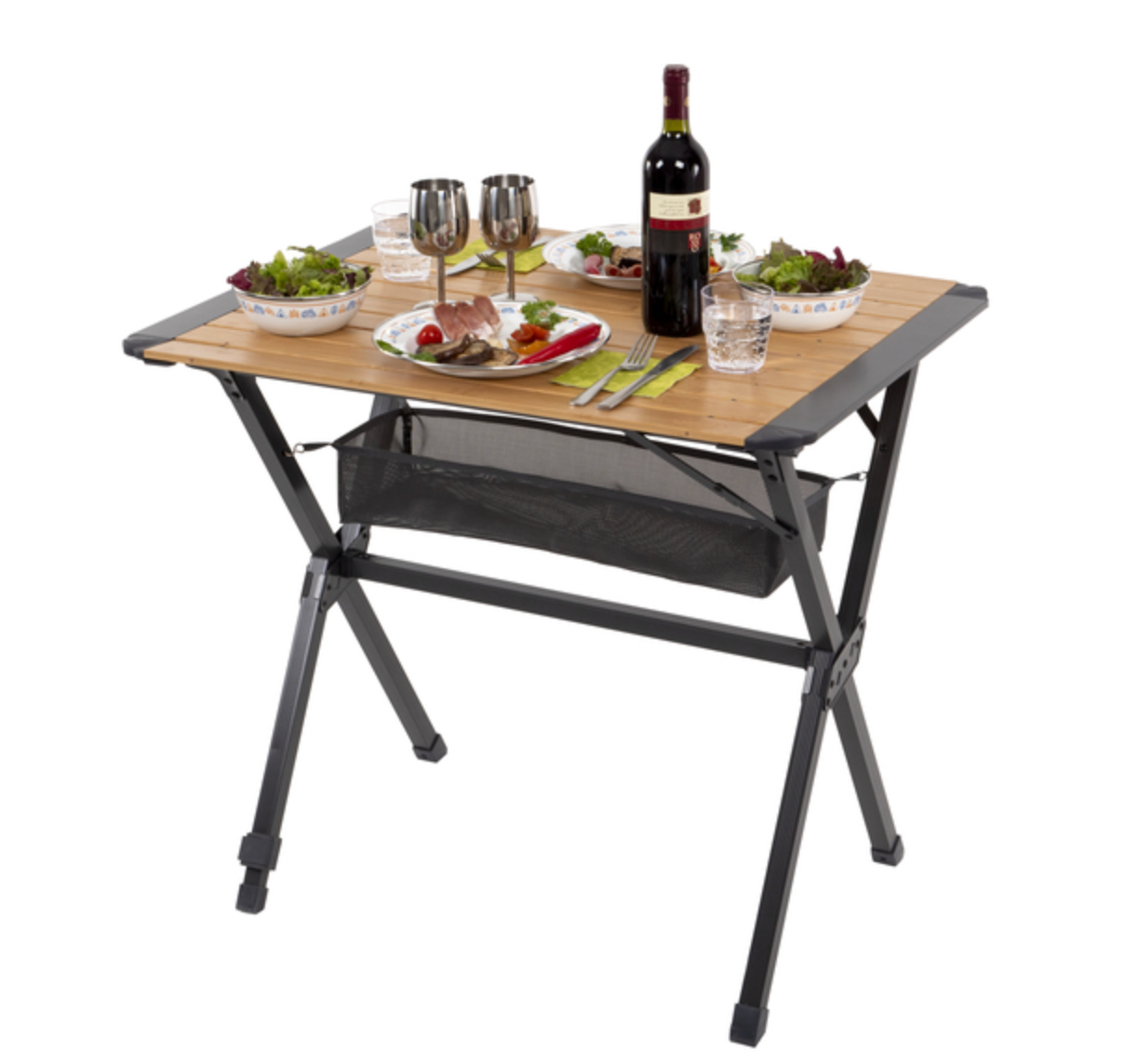 Table pliante en bambou avec filet de rangement - 80x60