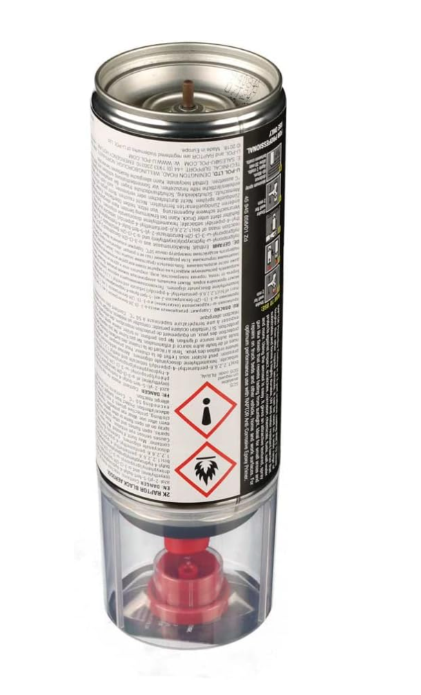 Aérosol 2K RAPTOR 400ml – vue de dessous, diffuseur et valve bi-composant 2K