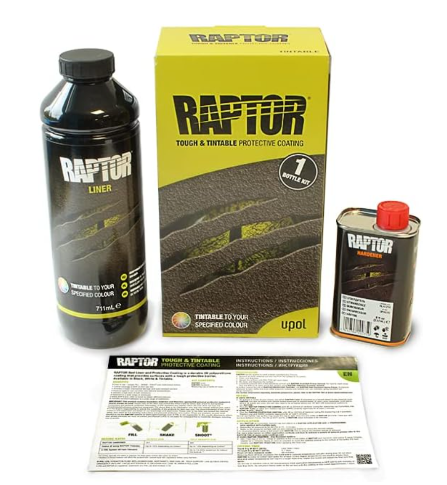 Revêtement RAPTOR teintable 1 bouteille – contenu kit déloté : boîte, bouteille 750ml, durcisseur et notice