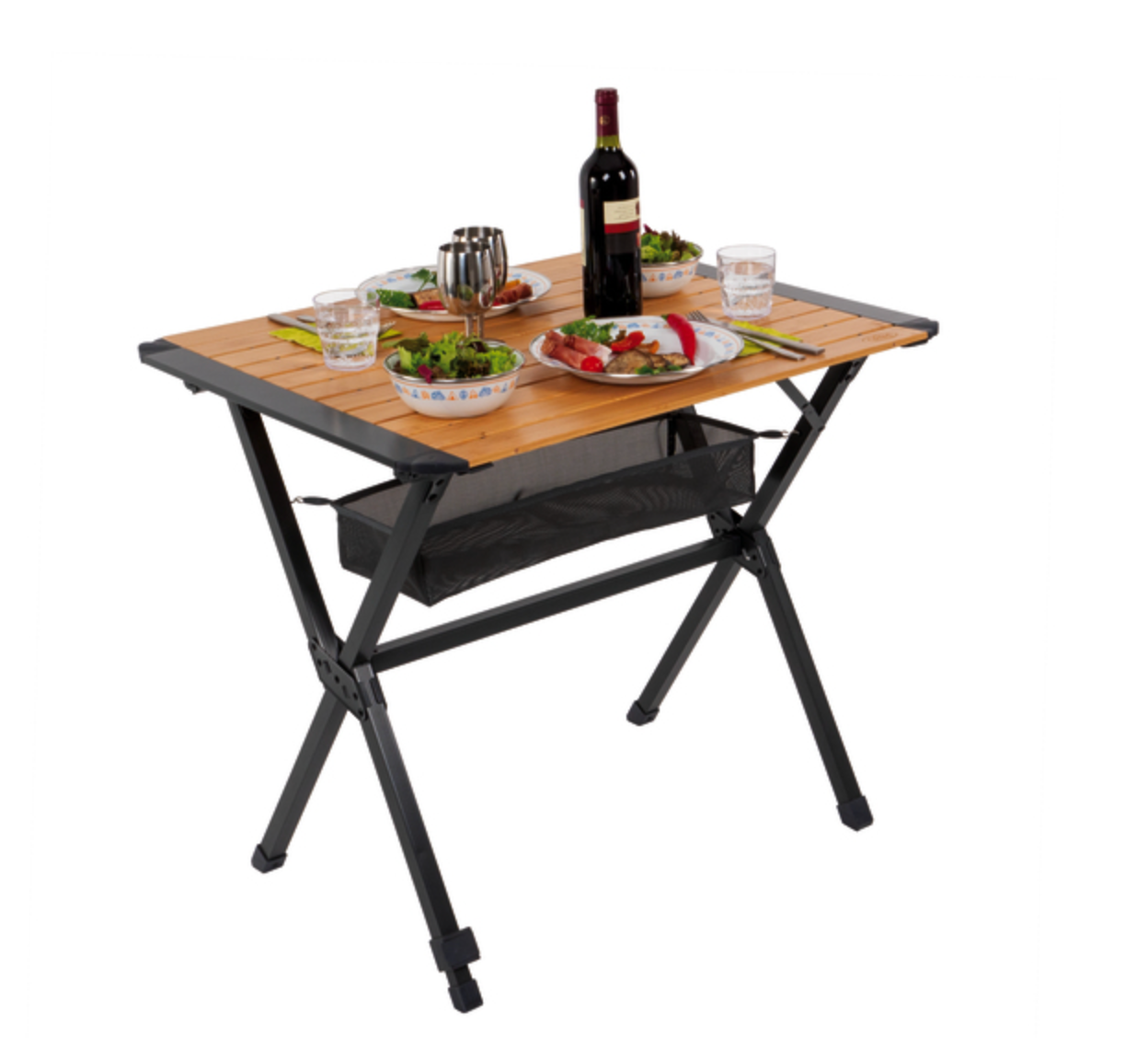 Table pliante en bambou avec filet de rangement - 80x60