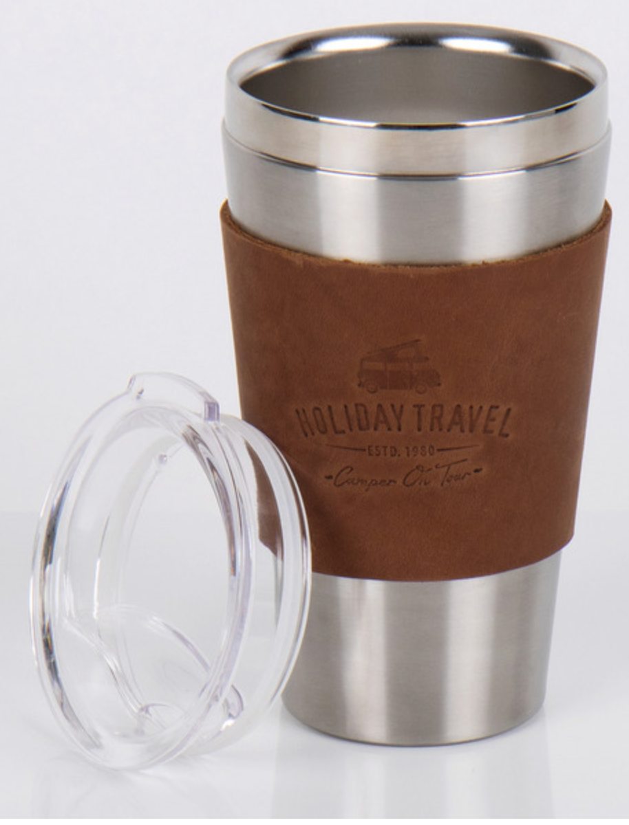 Mug isotherme simili cuir avec couvercle