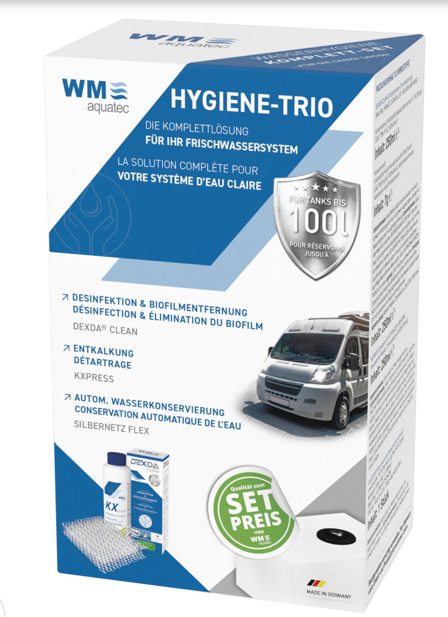 Kit HYGIENE-TRIO WM Aquatec pour réservoir jusqu’à 100 L, présenté dans son emballage